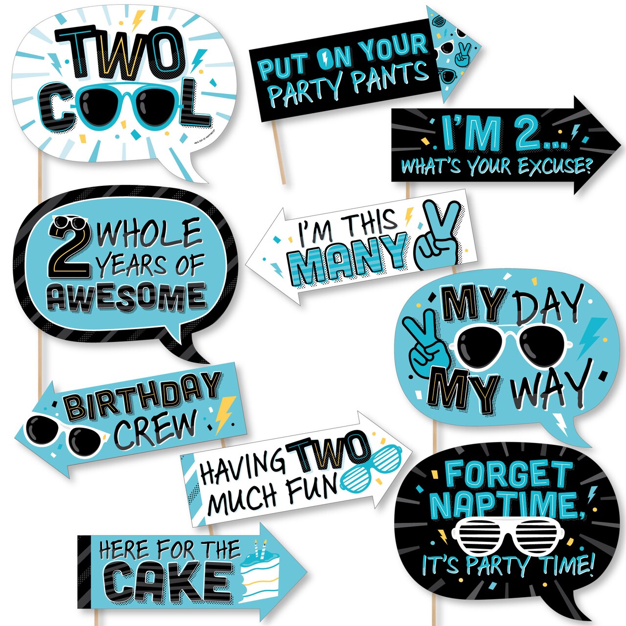 Big Dot of Happiness Funny Two Cool - Boy - Blue 2nd Birthday Party Photo Booth Props Kit - 10 Piece